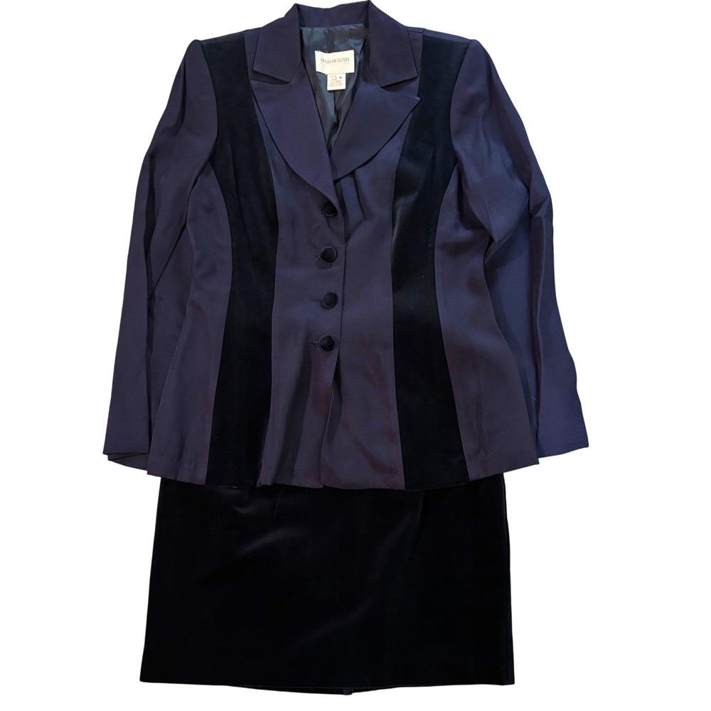 Hugo Buscati Vintage Skirt Suit Size 6 Navy Black Velvet Colorblock Blazer‎ Mini